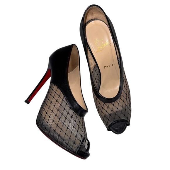 Christian Louboutin Resillana Black Leather & Mesh Peep Toe Heels Size 38.5 - Picture 9 of 13